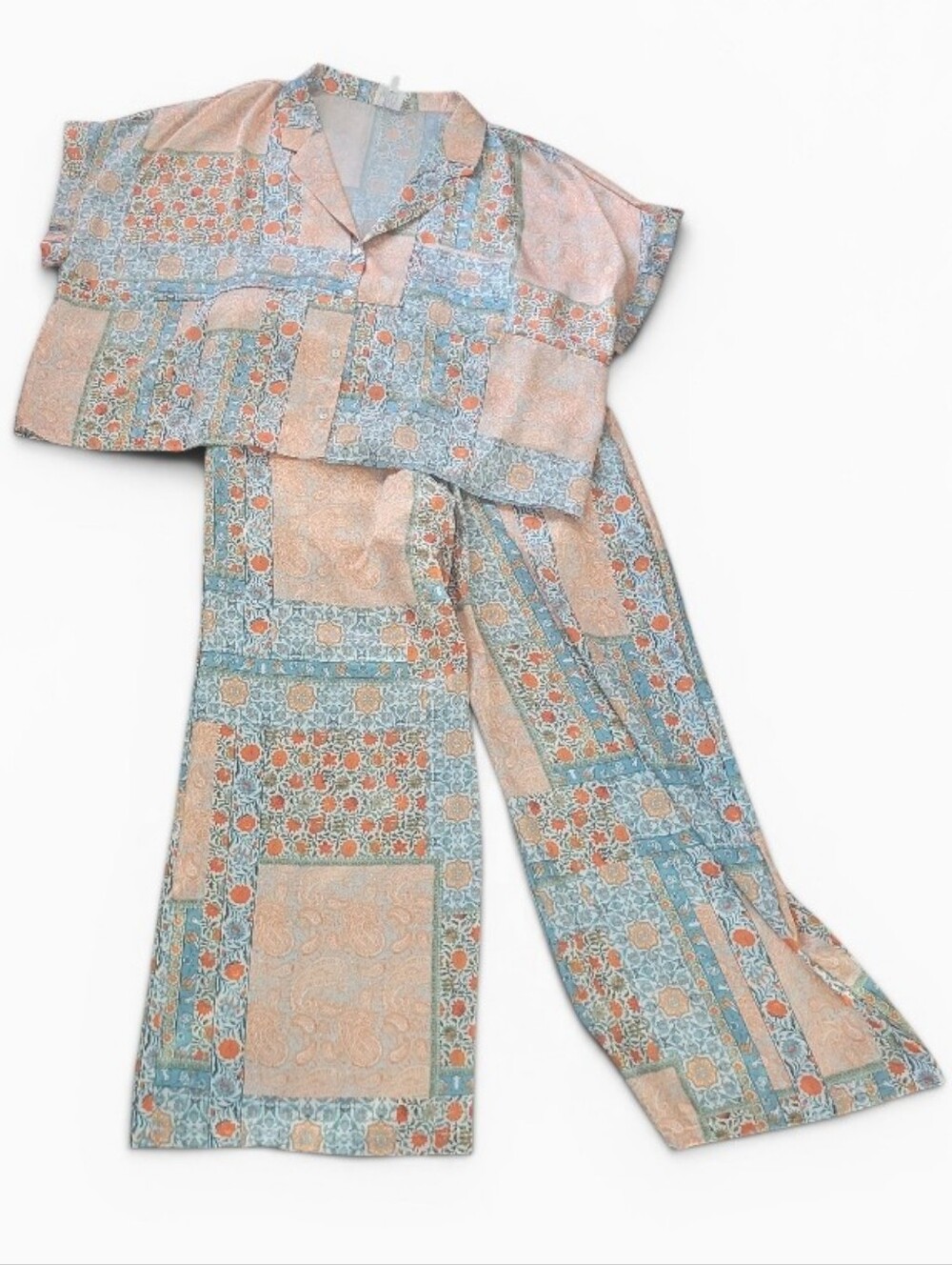 Anthropologie dRA Los Angeles Satin Set Floral Boho Boxy L Top Flare M Bottoms